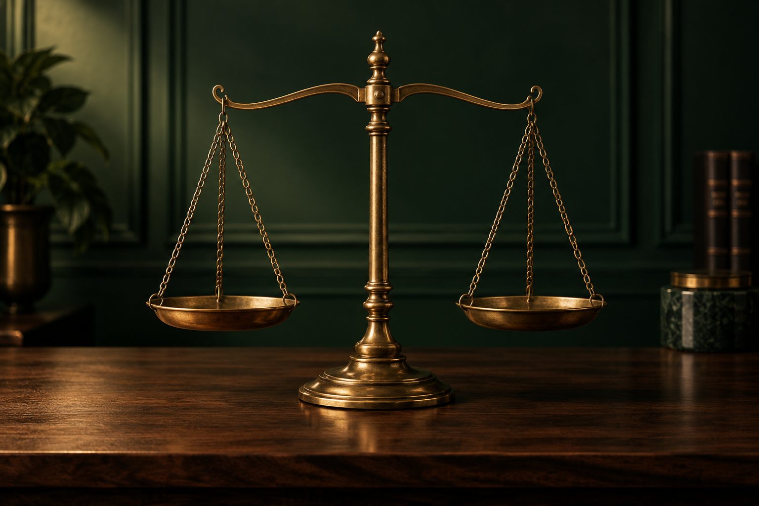 An antique brass balance scale standing level on a walnut table