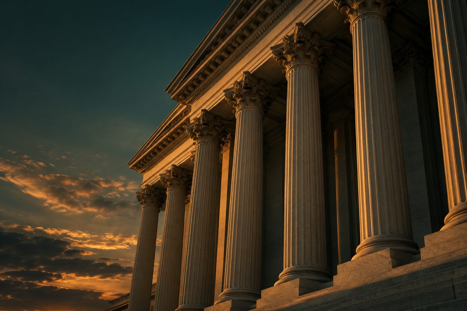 Neoclassical stone columns lit by the last light of dusk