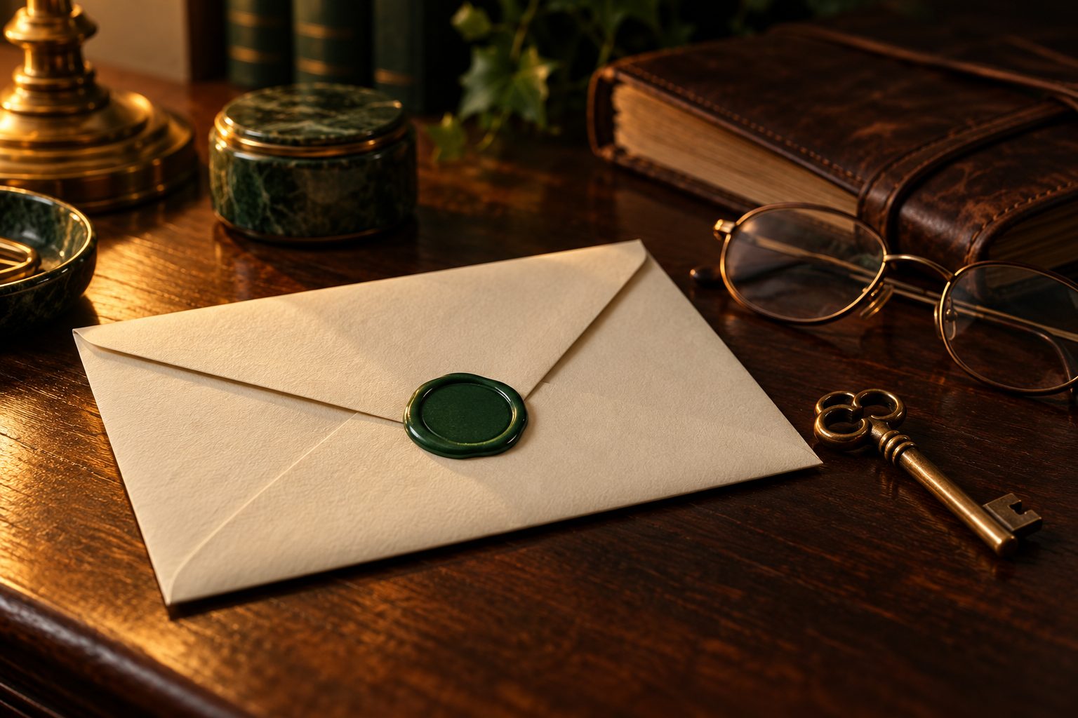 A sealed envelope with a green wax seal beside an antique key and reading glasses