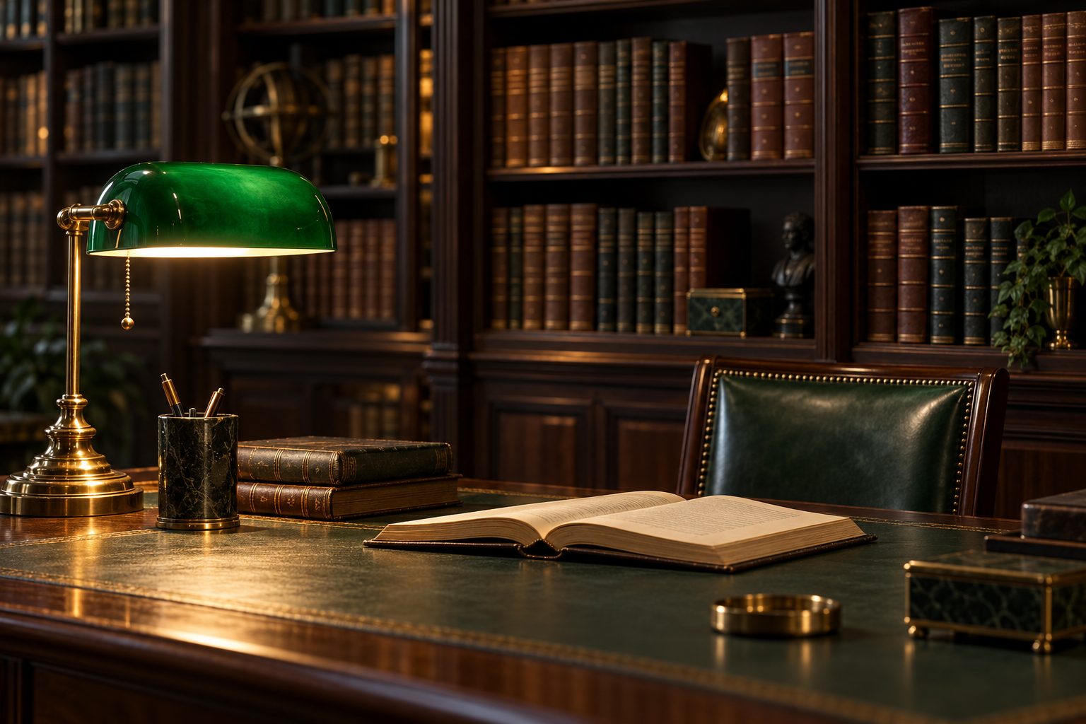 Leather-bound books on dark shelves and a green banker's lamp on a reading desk