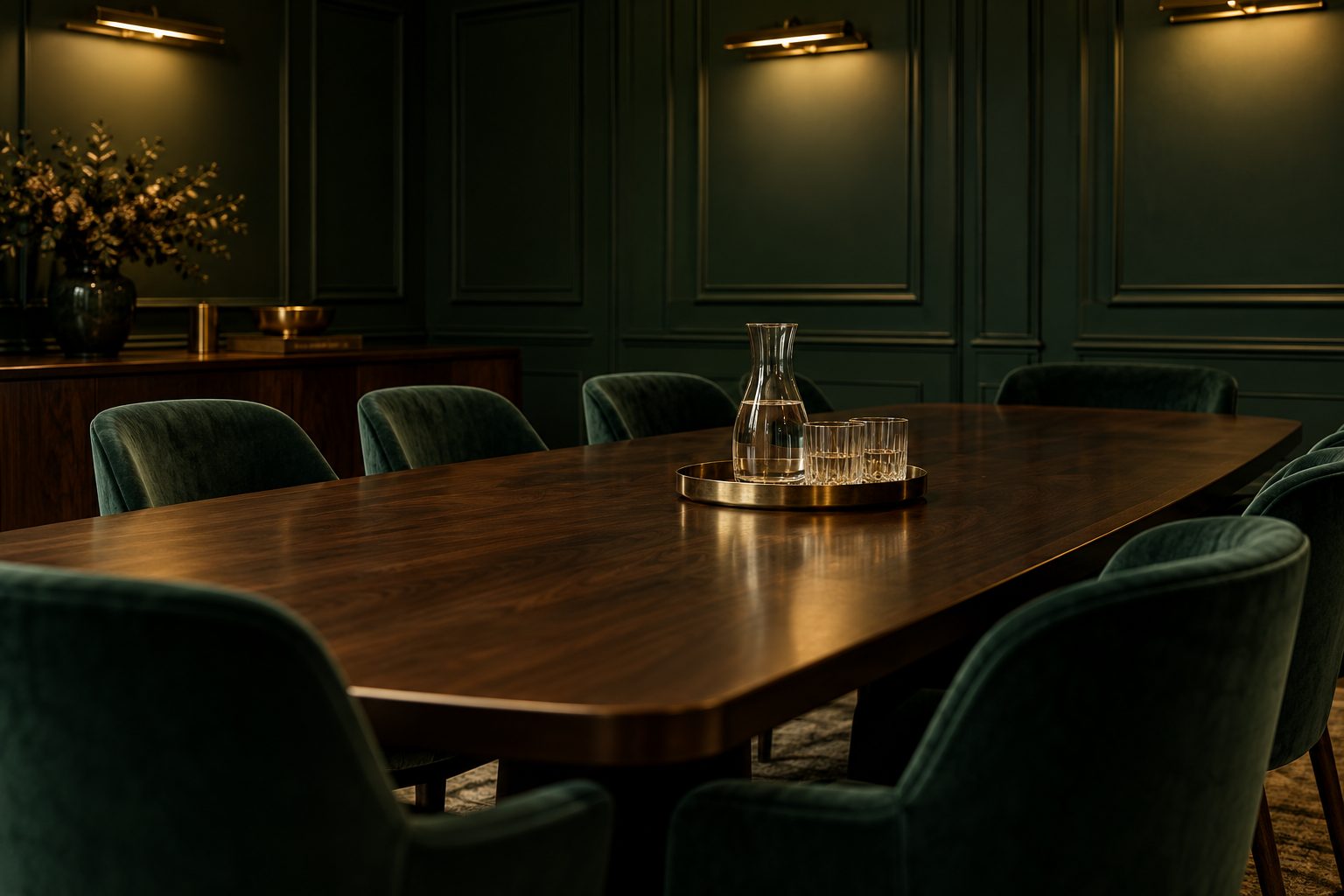 An empty private meeting room with a long walnut table and green chairs